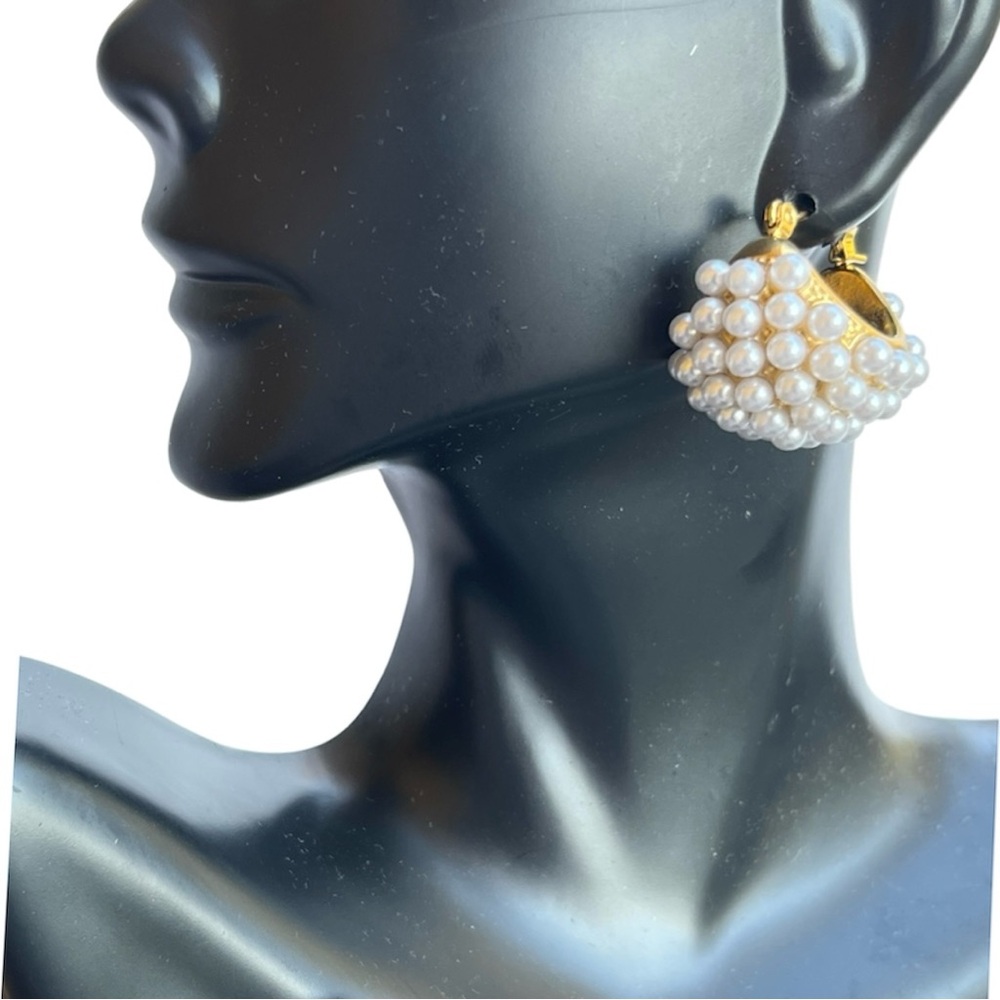 Pearl Gold Plated Chunky Basket Hoop Earrings Bold Statement Luxe Jewelry